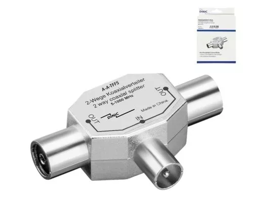 DINIC distributor 2x coaxial coupling to 1x coaxial plug, 2 radios to 1 aerial socket, metal, DINIC box with Euro hole